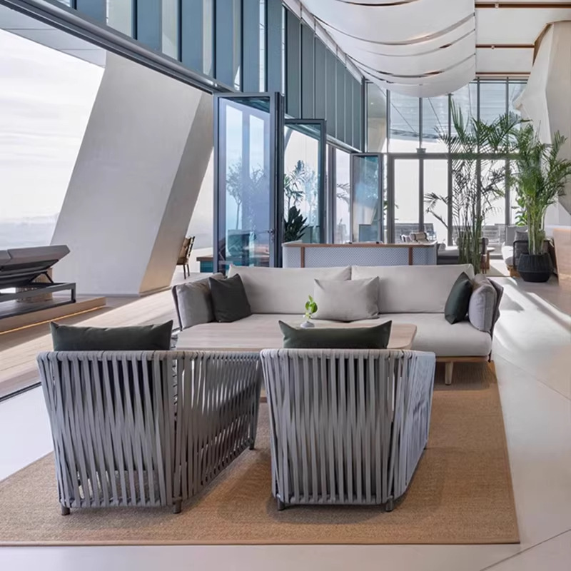 Sofá de ocio creativo de tejido de cuerda combinación de terraza casa terraza mesa de té pequeño sofá silla muebles al aire libre