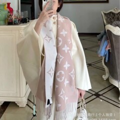 秋冬季新款羊毛围巾女士流苏LOGO披肩双面羊绒干枯玫瑰粉围脖保暖