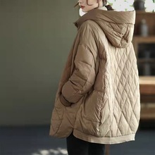 韩版时尚菱格文艺宽松大码中长款羽绒服女2024新款连帽白鸭绒外套