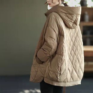 Korean Style Fashionable Rhombic Artistic Loose plus size Mid-length Down Jacket Women's 2024 New Hooded White Duck Down Jacket