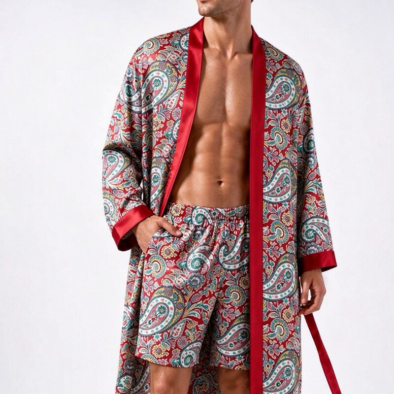 Vintage Diamond-Patterned Men's Pajama Set from the Source Factory, Loose-Fitting Long-Sleeve Robe and Shorts Two-Piece Set for Spring and Autumn