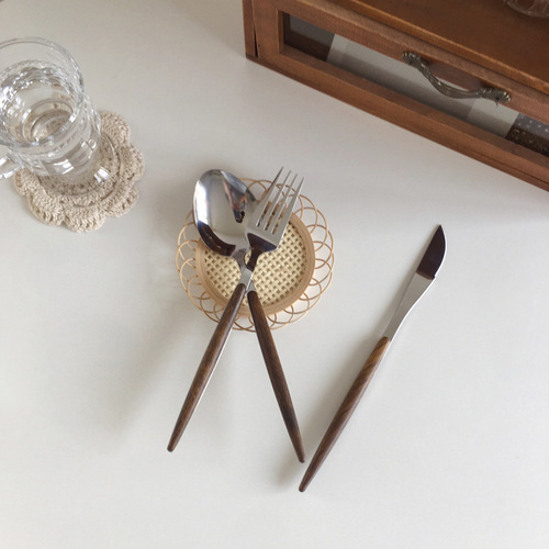 Tableware knife fork spoon stainless steel wood grain handle steak knife dessert trendy tableware spoon fork student tableware