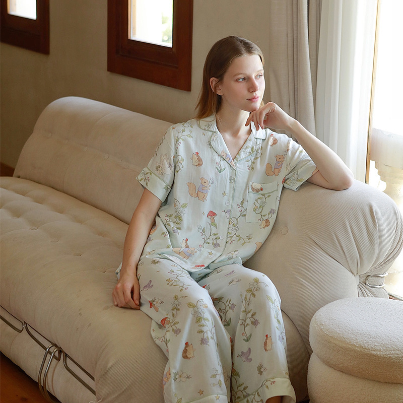 Tianzhu Fiber Double-Layer Gauze White Swan Cute Animal Print Women's Lapel Short-Sleeved Pants Pajamas Set