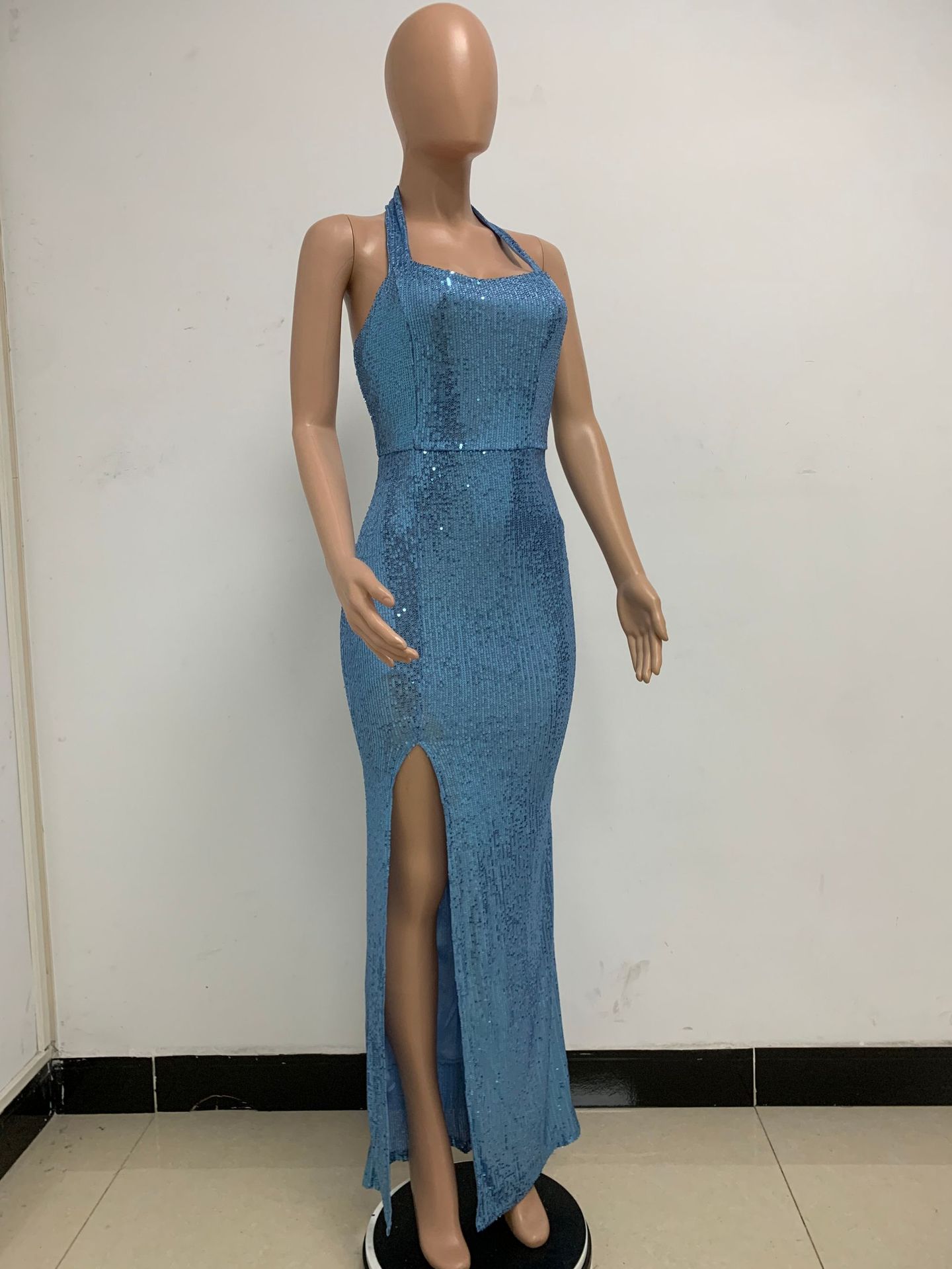 350g Weight Maxi Long Dress Dress Length Type Sleeveless Sleeve Length Party Dress Dresses Type Spandex, Polyester Fabric Type High Waist Waist Line Banquet, Party Occasion Halter Neck Neckline Slim Fit Type Solid Color Pattern Summer, Spring, Autumn Season Women's Gender Sequins Design Elegant, Sexy Style Wholesale Women's Elegant Sexy Sequins Solid Color Banquet Party Halter Neck Sleeveless Party Dress 50