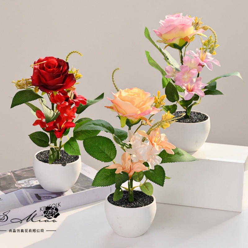 Nuevo producto transfronterizo rosa pequeño bonsai flor de simulación creativa decoración de estudio fotográfico para el hogar decoración planta verde artificial simulación planta en maceta