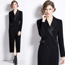跨境欧美黑色高个子长版大衣女高级感厚 2024春超长款翻领外套