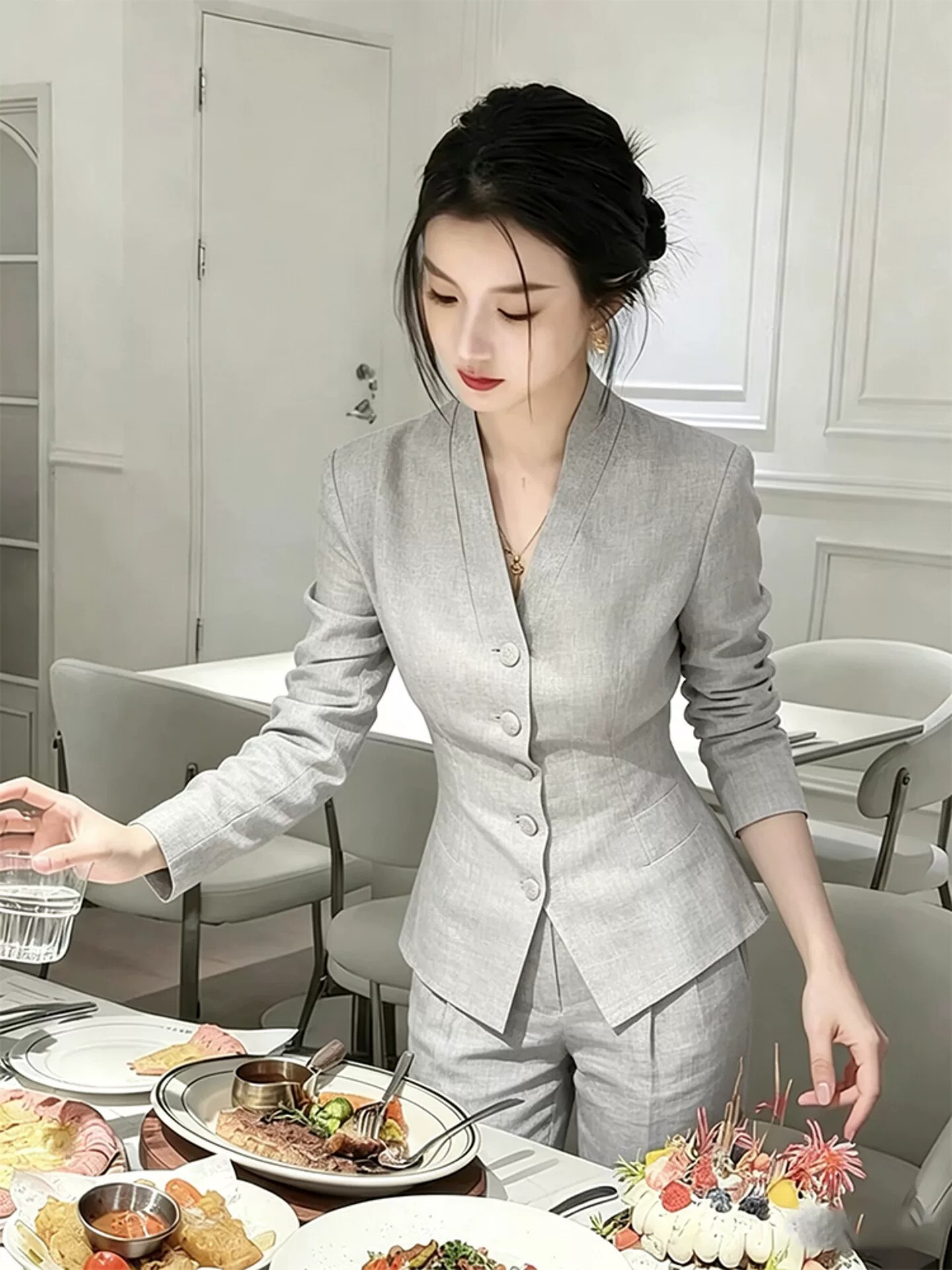 Gray women's suit set exudes powerful aura, featuring a stylish and fashionable jacket and flared long pants, a two-piece set for women