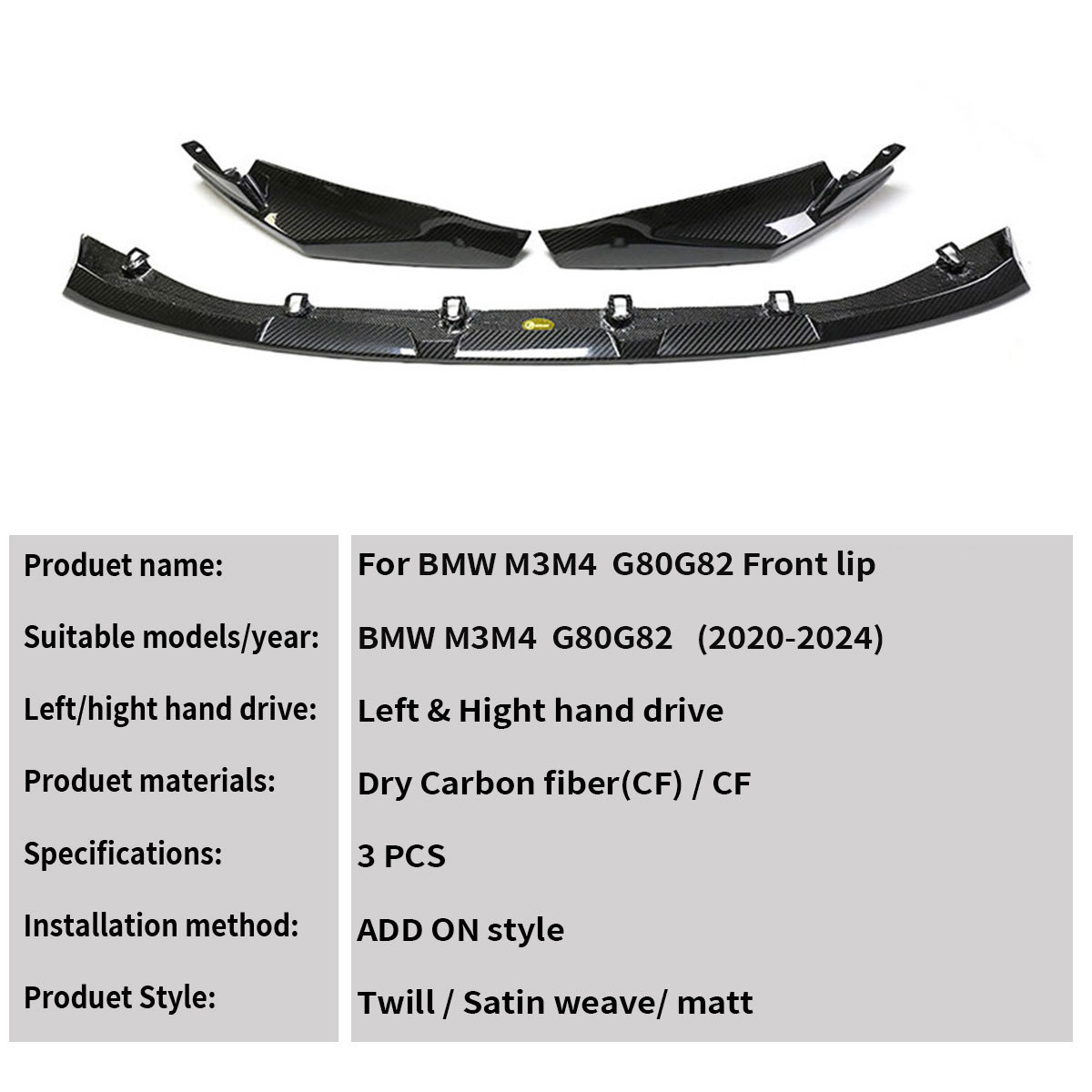 Suitable for BMW M3M4 carbon fiber front lip G80G82 modified MP dry carbon surround front shovel front spoiler small surround