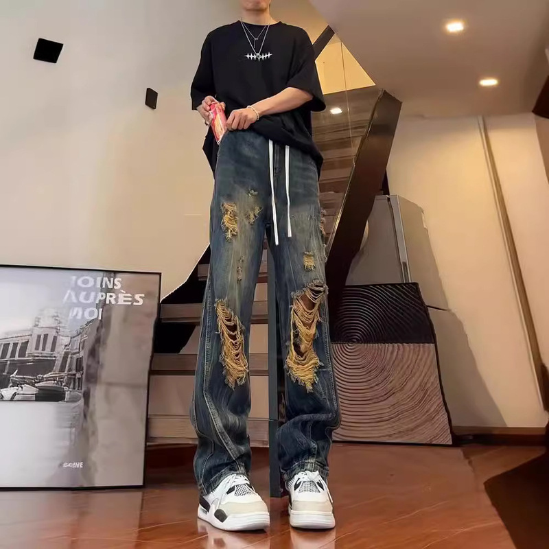 Big Ripped Jeans Men's Summer American Style High Street Thin High-end Sense Design Loose Wide Leg Dad Cropped Pants
