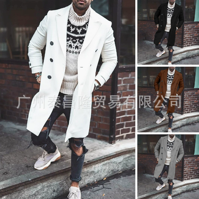 Wish Amazon Европейская и американская трансграничная осенне-зимняя мужская новая однотонная повседневная шерстяная двубортная ветровка