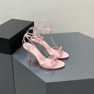French Satin High-Heeled Shoes Sandals for Women Summer 2024 New Niche Style One-Line Stiletto Open-Toe Sandals for Women