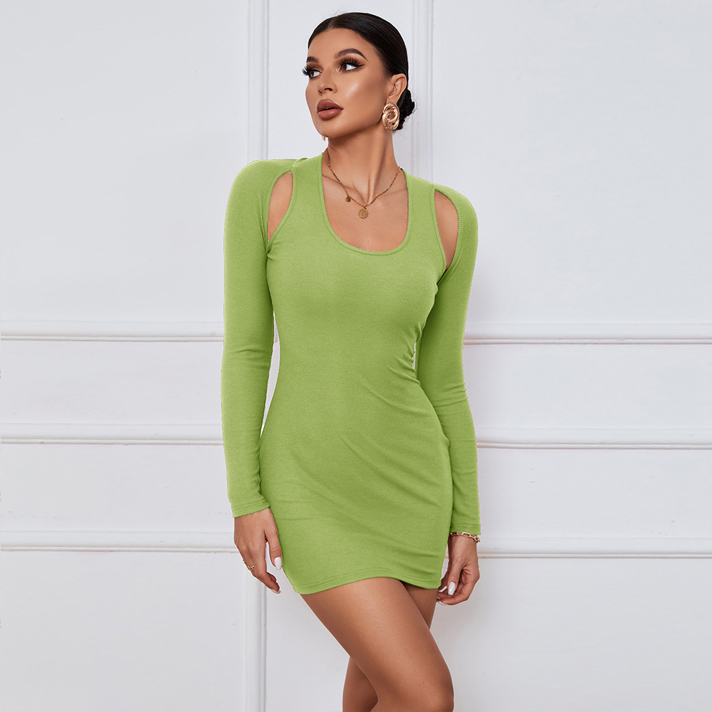 solid color off-the-shoulder long-sleeved tight A-line dress NSYSQ136368