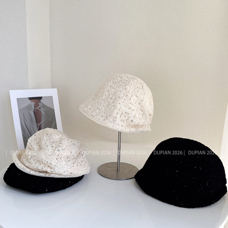 Super Fairy Irish Lace Crochet Double-Layered Fisherman's Hat for Women, Summer Sun Protection Fabric Hat, Sequined Bucket Hat, Sunshade Hat, Trendy