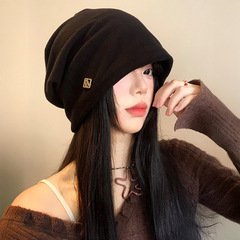 秋冬季黑色包头堆堆帽子女金属小标慵懒风高级感大头围显脸小冷帽
