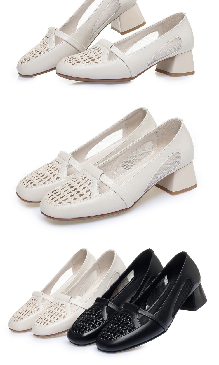 Giày sandal nữ da thật đan lưới gót thấp mũi nhọn thoáng khí — màu be chi tiết 18
