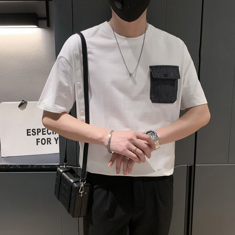 2024 summer new fashion loose button decorative stitching round neck short sleeve T-shirt men 113-p48