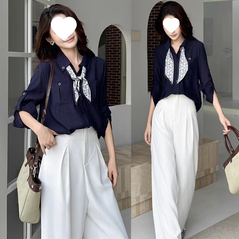 Fashion Versatile Casual Women's Shirt 2025 Early Autumn New Stylish Polo Collar with Scarf Loose Slimming Top
