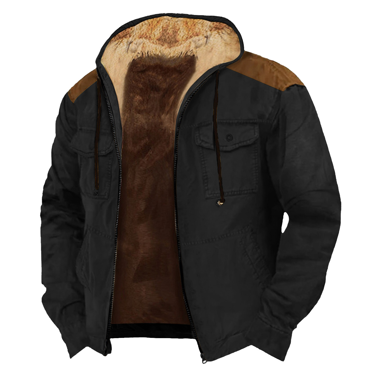 2023 transfronteriza europea y americana patrón de color sólido impresión 3D Impresión digital suéter con capucha forro marrón bolsillo algodón