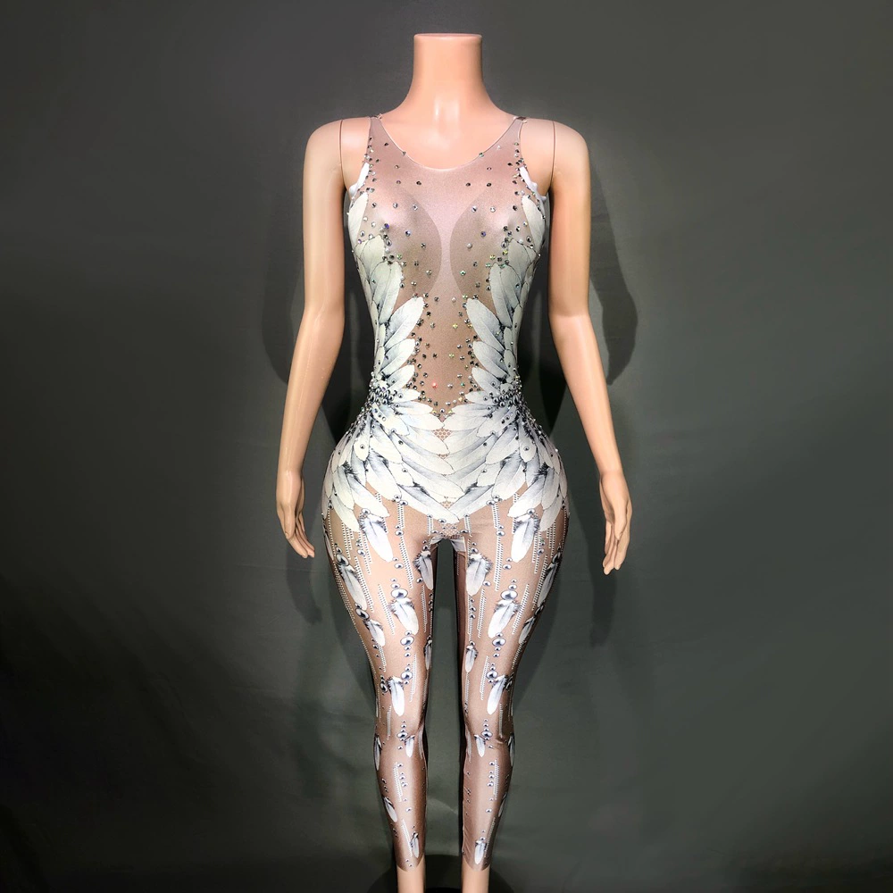Лидер продаж, новый европейский и американский трансграничный комбинезон без рукавов со стразами и перьями, блестящий танцевальный костюм, плотный комбинезон, драма с открытой спиной