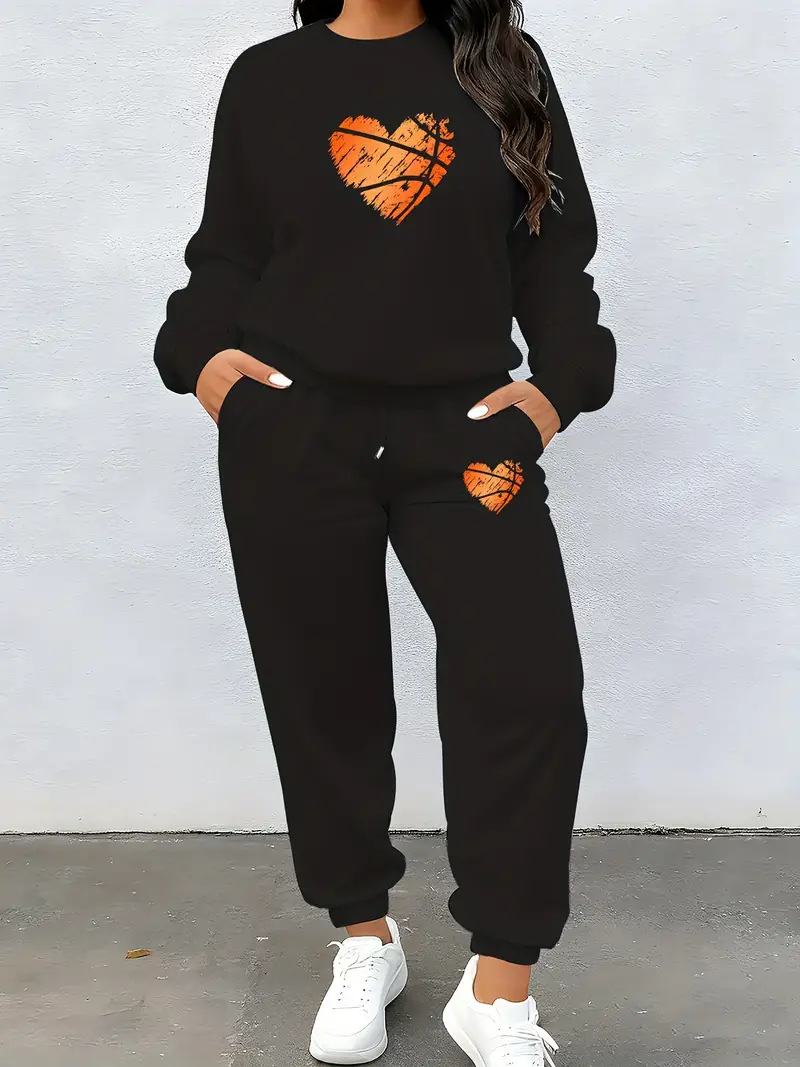 Women's Long Sleeved Heart Patterned Pant Set Casual Style_voghion.com