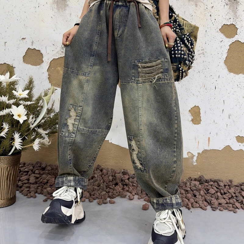 Ripped Jeans 2025 Autum New Trendy Loose Large Size Elastic Waist Pants Women's Harem Pants 85570