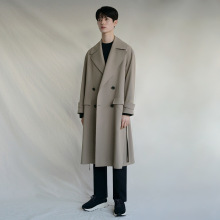 MYQ秋季韩版宽松纯色翻领男士中长款风衣卡其色披风轻熟外套男
