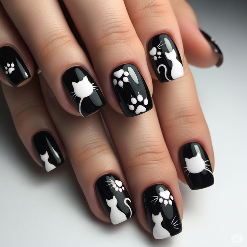 Wearable Short Square Black Nails with Cute Cartoon Cat Paw Pattern Print Design, Removable Fake Nails