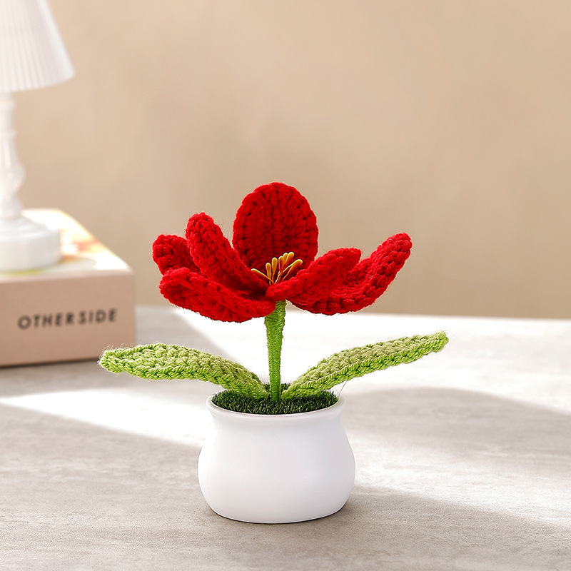 Terminado pequeña olla tejida a mano girasol lirio escritorio coche pequeña decoración regalo de cumpleaños regalo de graduación