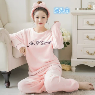 2025睡衣冬季加厚绣花三件套【送头巾】套头法兰绒女士家居服套装