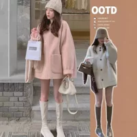 Плащ шерстяное пальто женский осень и зима новый с капюшоном сплошной цвет средняя длинная розовая милая шерстяная куртка женский