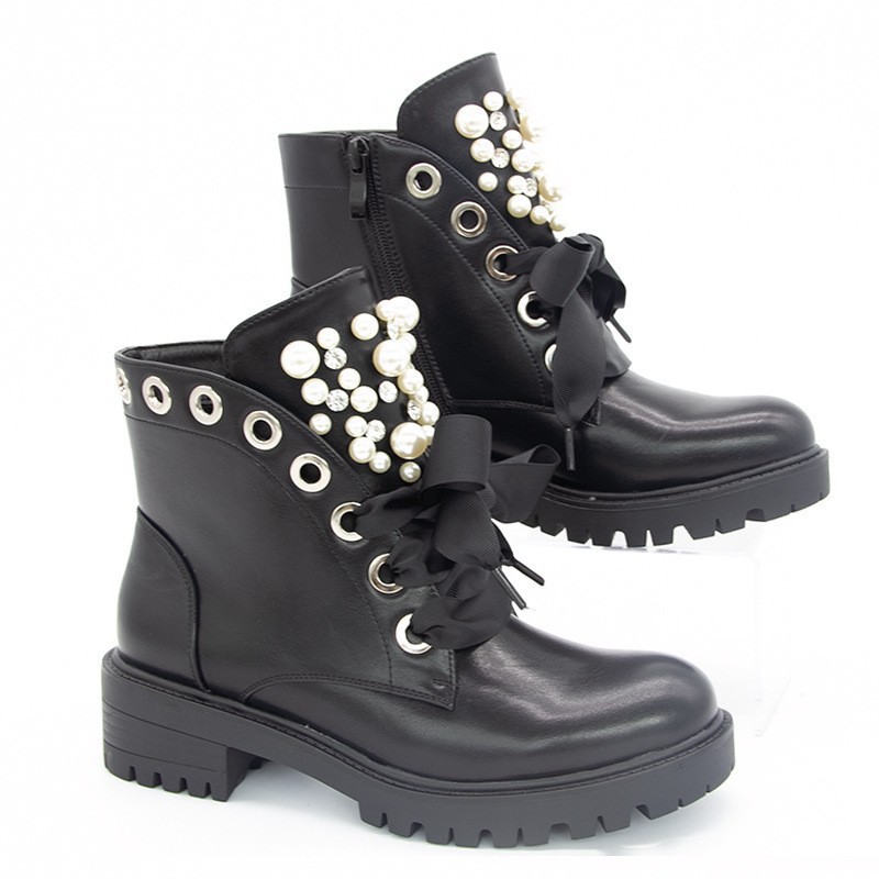 2025 Cross-Border Trade Round-Toe Winter Black Chunky Heel Flat Round-Toe Solid Color Front Lace-Up Pearl Low-Cut Martin Boots