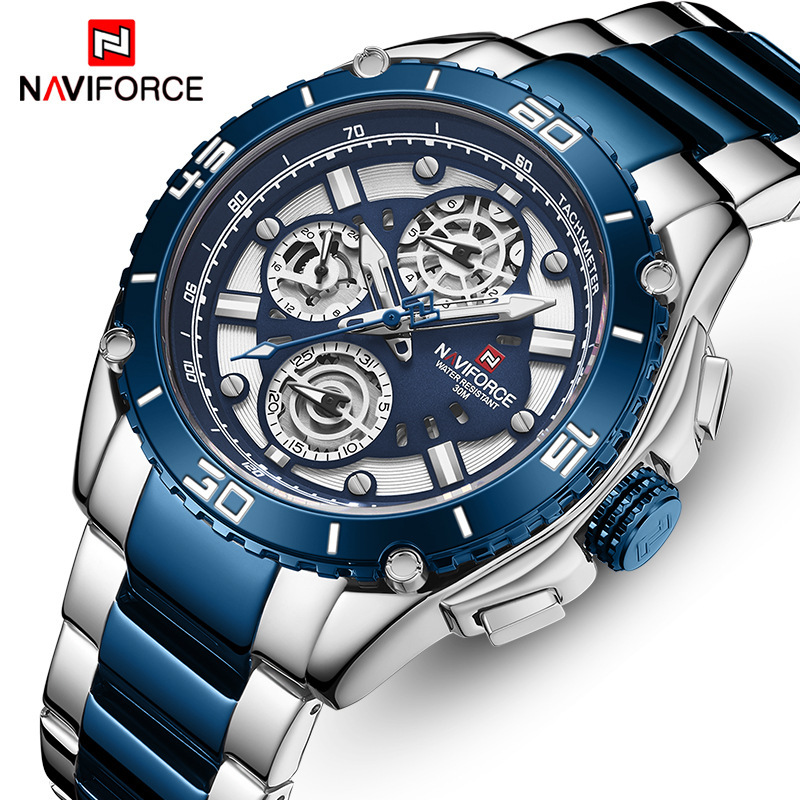 NAVIFORCE Lingxiang 9179 hombres reloj deportivo multifuncional de seis pines correa de acero impermeable reloj luminoso reloj