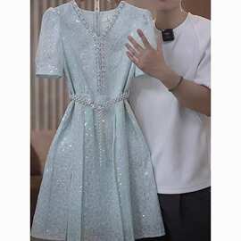 批发小香风连衣裙女夏季轻奢气质重工亮片优雅小众收腰礼服短裙子