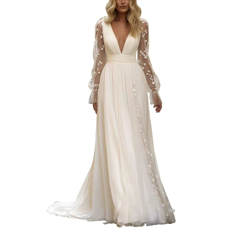 European and American Style Deep V-Neck Long-Sleeve Appliqué Chiffon Wedding Dress for Outdoor Travel Photography, Bohemian Bride Light Gown, Cross-Border Supply