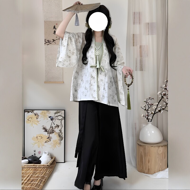 Luozhu [Green Bamboo] Hanfu for Women, Summer Style, Daily Wear, Improved Design, Northern and Southern Dynasties, Wei and Jin Pleated Clothing, Song Pants, Wide-Leg Pants