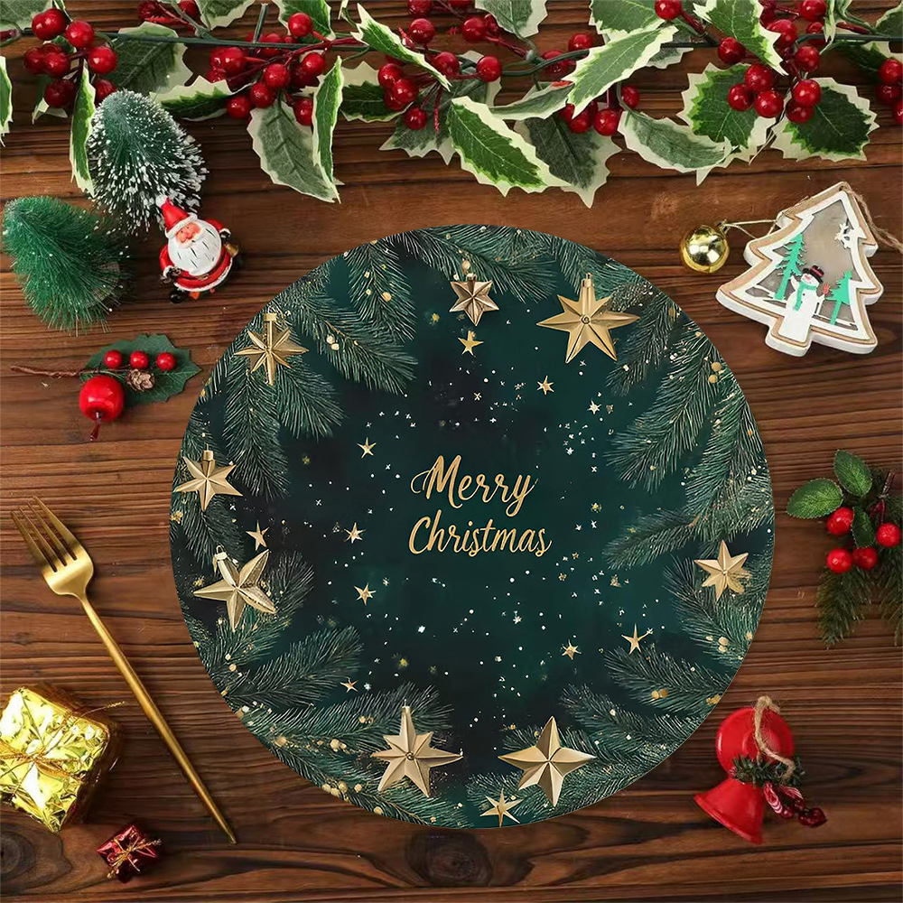 Customizable Cross-Border Temu Amazon Hot-Selling Green Christmas Tree Snowflake Placemat with a Round, Festive Feel