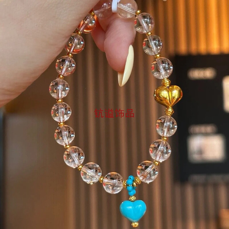 Cute peach-shaped accessory, turquoise contrasting color, transparent white crystal bracelet, gentle girly style, a gift for girls Cute peach-shaped accessory, turquoise contrasting color, transparent white crystal bracelet, gentle girly style, a gift for girls