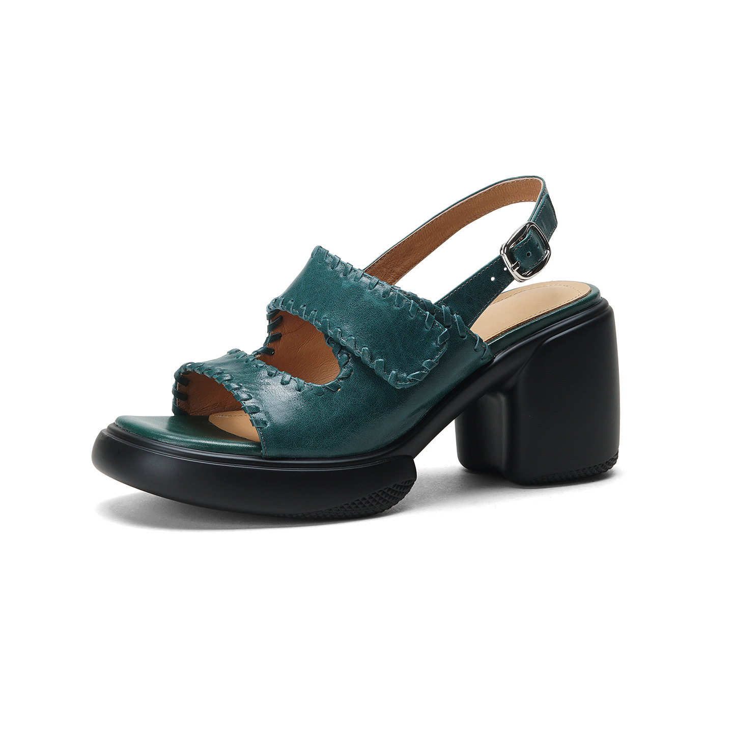 Sandal cao gót nữ hở mũi da bò gót vuông 8 cm đế dày — đen