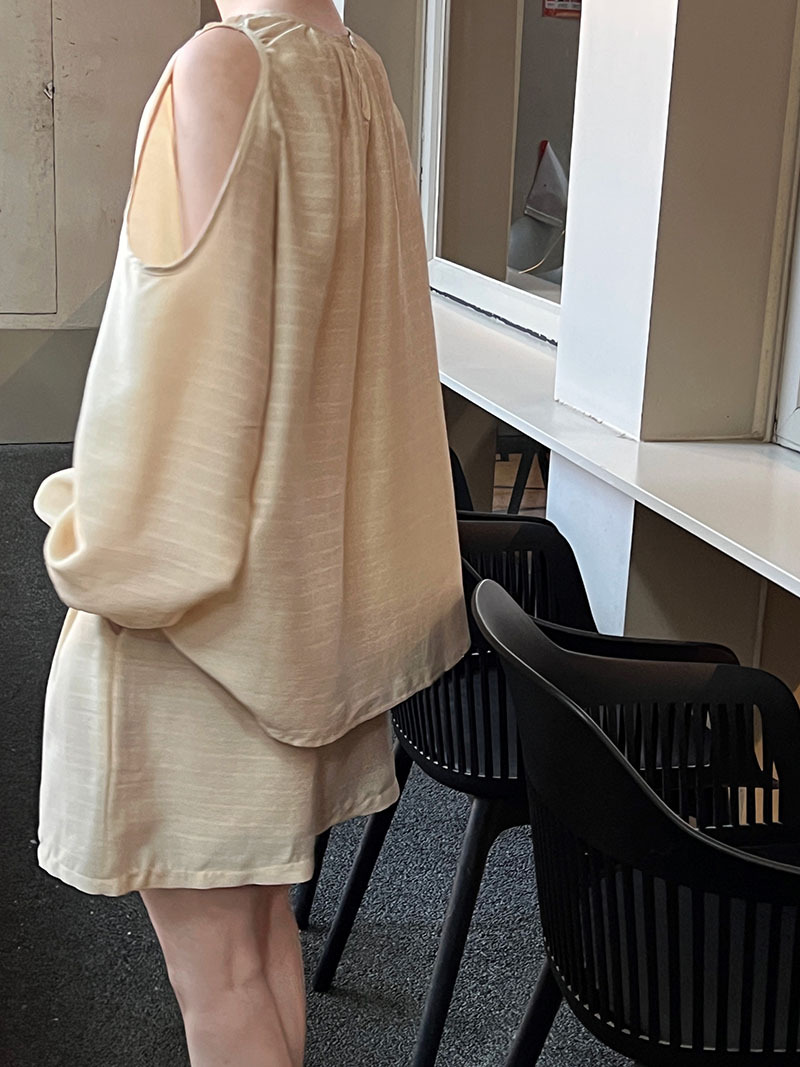 Texture Hollow Out Cutout Out Shoulder Baring Sun Protection Tencel Top Shorts Two Piece Set Suit Summer