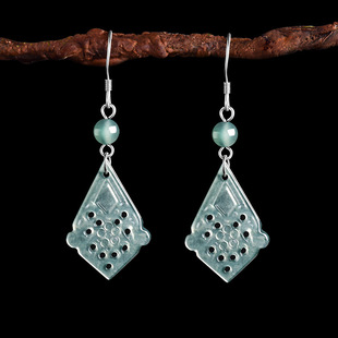 Natural A-Grade Jadeite Blue Water Cut Out Antique Style Earrings Antique Style S925 Silver Ice Jade Women's Earrings Earrings