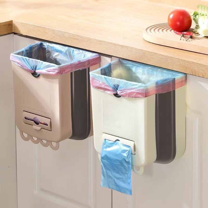Kitchen Wall-Mounted Trash Can, Foldable Storage Bin, Hangable Trash Bin, Storage Frame, Large Capacity, Color-Blocking Design, No Need to Bend over
