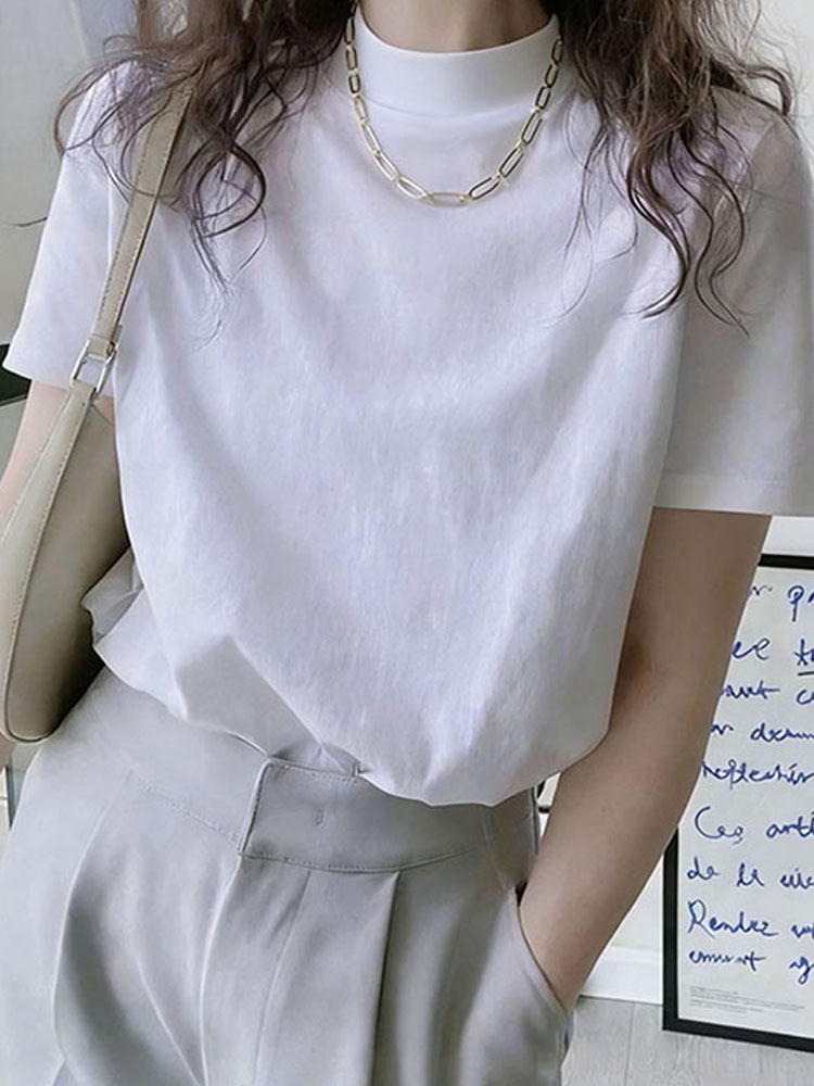 2026 New Style Half-High Collar, Regular Shoulder, Pure Cotton, Brushed Short-Sleeve T-Shirt for Women, Korean Fashion, Versatile, Stylish White Top