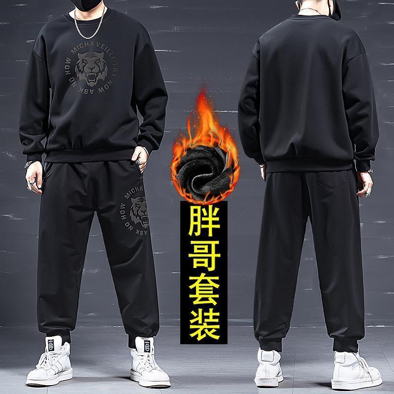 Plus size fleece-lined sports suit men's fat men's loose trendy sweater sweatpants winter thickened warm casual wear