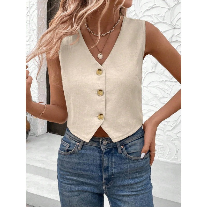 Новый Amazon Европа и США трансграничная внешняя торговля 2025 летом свободный без рукавов сплошной цвет повседневный кардиган пуговицы куртка