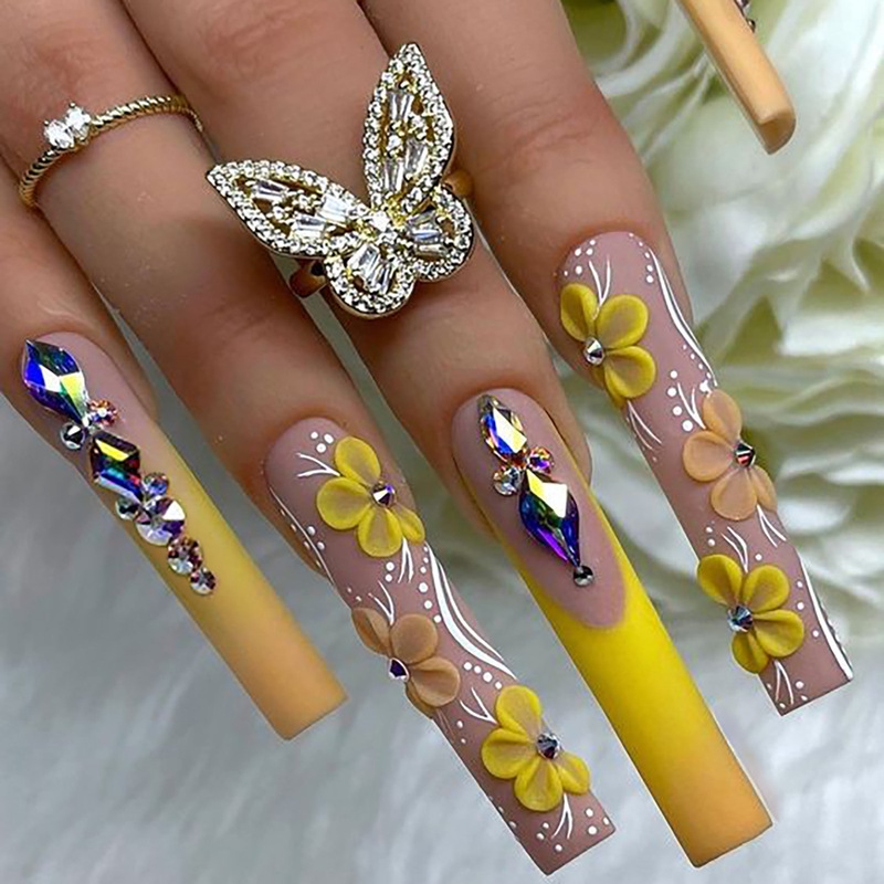 Long Water Pipe Armor French Flower Diamond Nail Art Sweet Cool European and American Ins Style Sweet Cool Spice Girl Foreign Trade Wearing Armor