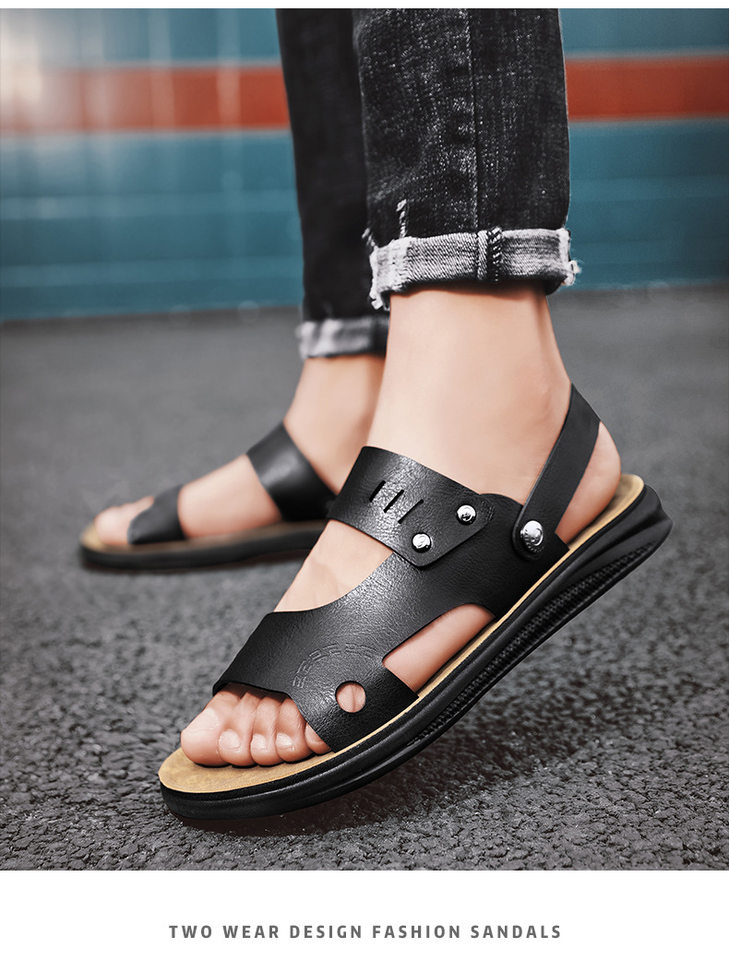 Dép sandal nam hở ngón quai ngang chất liệu da PU chống trơn trượt, size lớn đi ngoài trời và đi biển — Màu nâu, Màu đen chi tiết 11