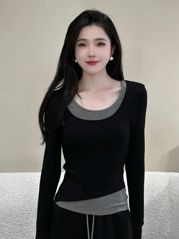 欧货时尚洋气运动休闲套装女春季2025爆款假两件T恤阔腿裤两件套|undefined