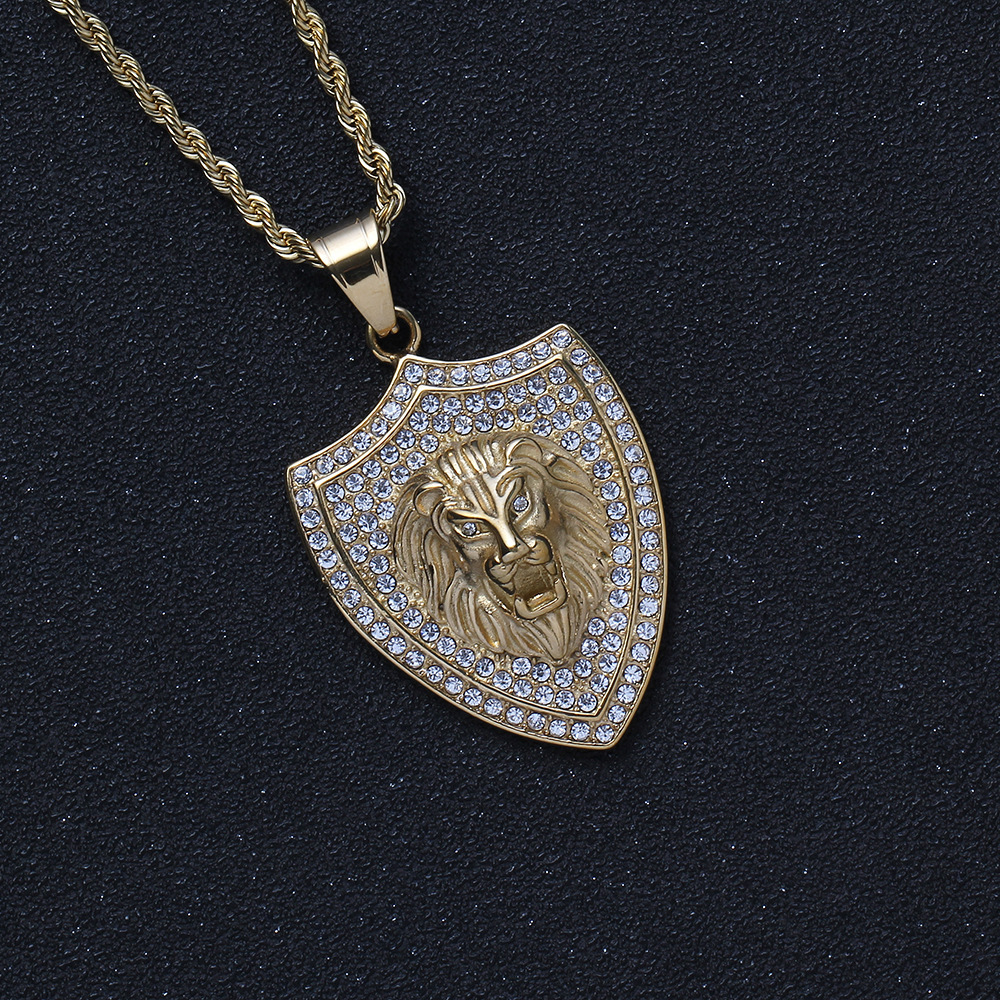 Gioielli Personalità Leone Ciondolo Punk Hip Hop Scudo Gioielli Contorno animale Collana 3d_voghion.com