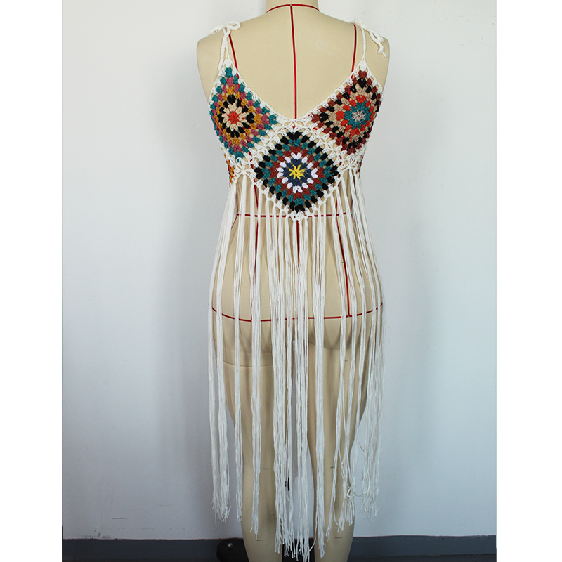 Sexy Hand Crocheting Tassel Mid Length Bohemian White Beach Dress in Dresses