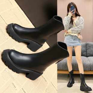 Brown Short Boots for Women 2023 Platform Thick-Soled Mid-Calf Martin Boots Spring and Autumn Single Boots with Chunky Heels, Slimming Chimney Boots, Height-Increasing